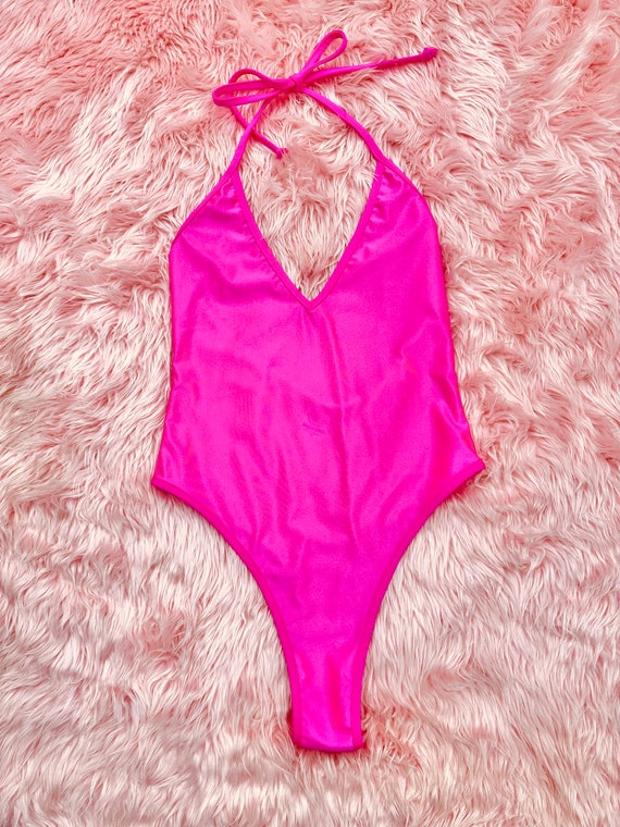 Sugarpuss HIGHCUT HALTER BODYSUIT in Neon Pink Lycra, High Sugarpuss HIGHCUT HALTER BODYSUIT in Neon Pink Lycra, High