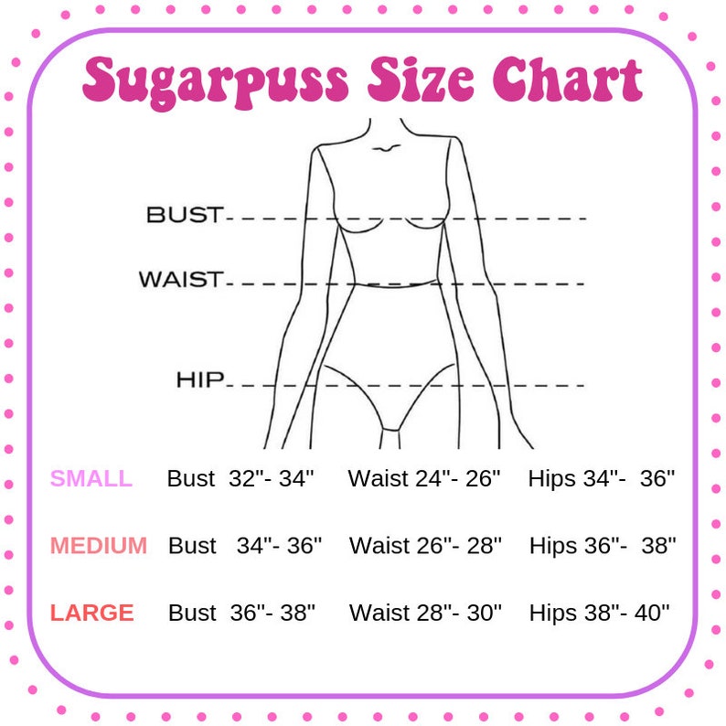 May include: A size chart for clothing with measurements in inches for bust, waist, and hips. The chart includes sizes small, medium, and large.
