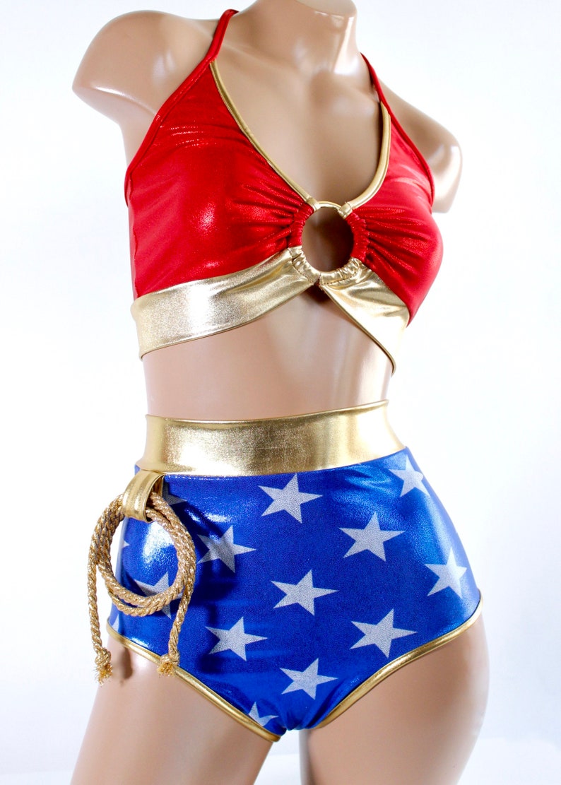 Sugarpuss STAR SUPERHEROINE SET, Sporty Ring Top and Highwaist Bottoms with Gold Lasso, Superhero Cosplay Costume 
