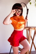 Sugarpuss BRAINS of the MYSTERY GANG Set, Mock Turtleneck Crop Top, High Waisted Ruffle Skirt, Cosplay Costume