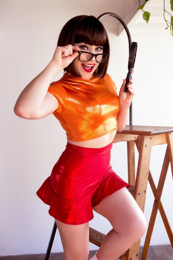 Sugarpuss BRAINS of the MYSTERY GANG Set Orange Crop Tank Top Burgundy Mini  Circle Skirt Cosplay Costume 