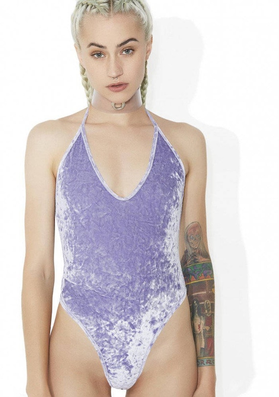 Sugarpuss HIGHCUT VELVET BODYSUIT Lavender Crushed Velvet High Cut Halter 80s Thong One Piece Stretch Velvet Leotard Etsy UK