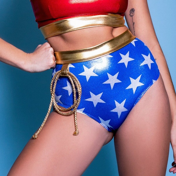 Sugarpuss STAR SUPERHEROINE BRIEFS, Original Cut Highwaist Metallic Star Bottoms, Gold Lasso, Superhero Costume