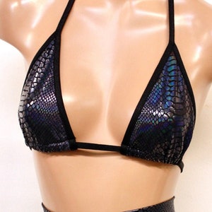Sugarpuss SNAKESKIN BIKINI TOP, Gunmetal Snakeskin Triangle Bikini Top, Black Hologram Metallic Swimwear, Rave Clothing, Exotic Dancewear