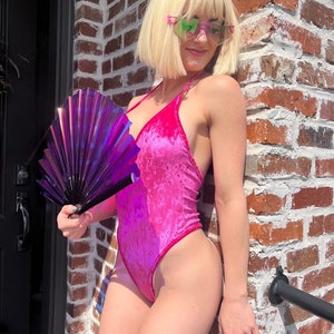 Sugarpuss HIGHCUT VELVET BODYSUIT, Hot Pink Crushed Velvet Halter Thong One Piece Leotard