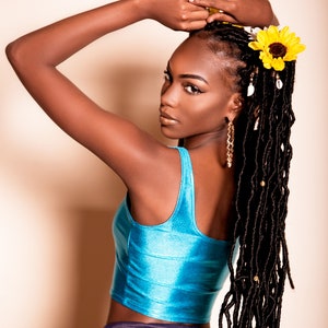 Sugarpuss HOLOGRAM CROP TANK, Turquoise Metallic Crop Top, Cosplay Rave Festival Clothing image 2