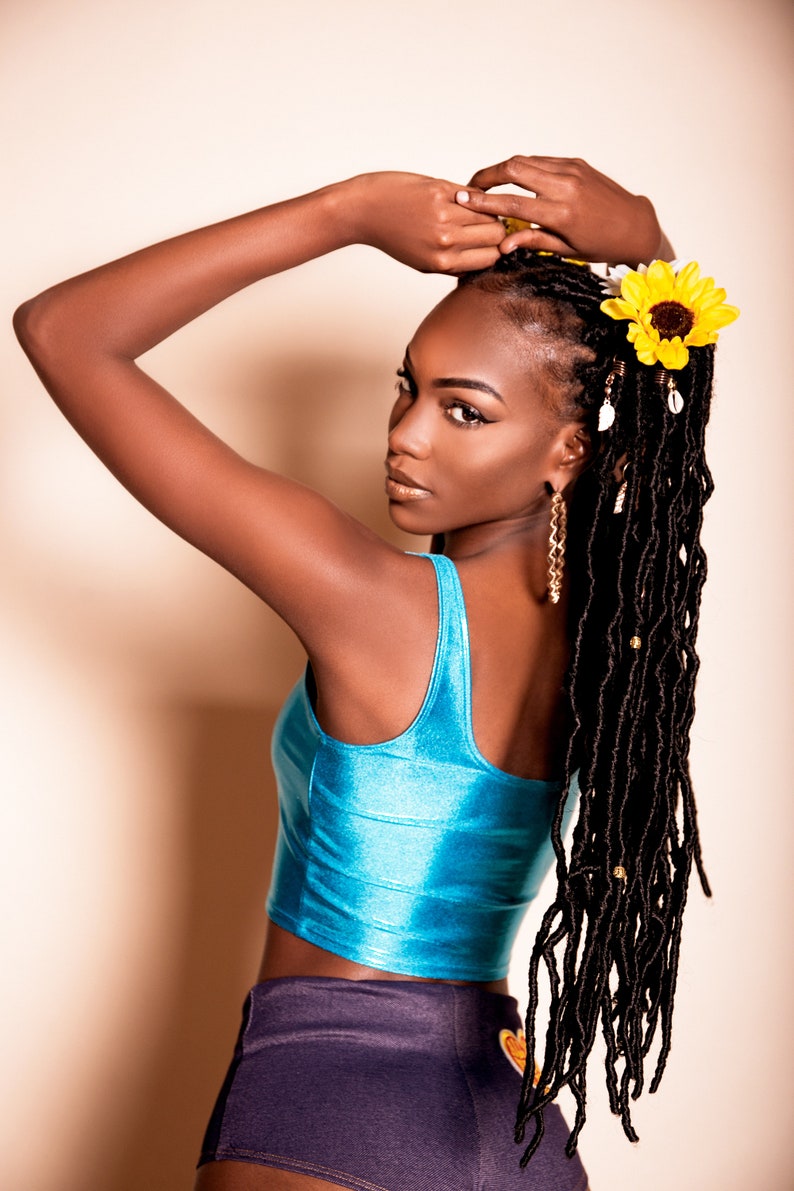 Sugarpuss HOLOGRAM CROP TANK, Turquoise Metallic Crop Top, Cosplay Rave Festival Clothing image 2
