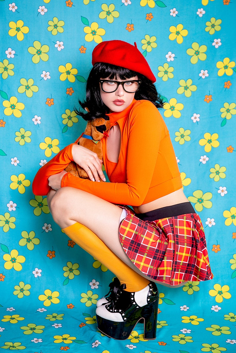Sugarpuss BRAINS of the MYSTERY GANG Plaid Schoolgirl Set, Orange Keyhole Long Sleeve Mockneck Top, Red Plaid Mini Skirt, Cosplay Costume 