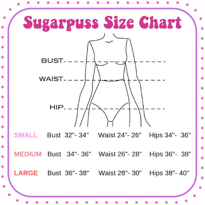 Puede incluir: Una tabla de tallas para ropa con un dibujo de l&iacute;nea del cuerpo de una mujer. La tabla muestra las medidas de busto, cintura y cadera para las tallas peque&ntilde;a, mediana y grande en pulgadas.