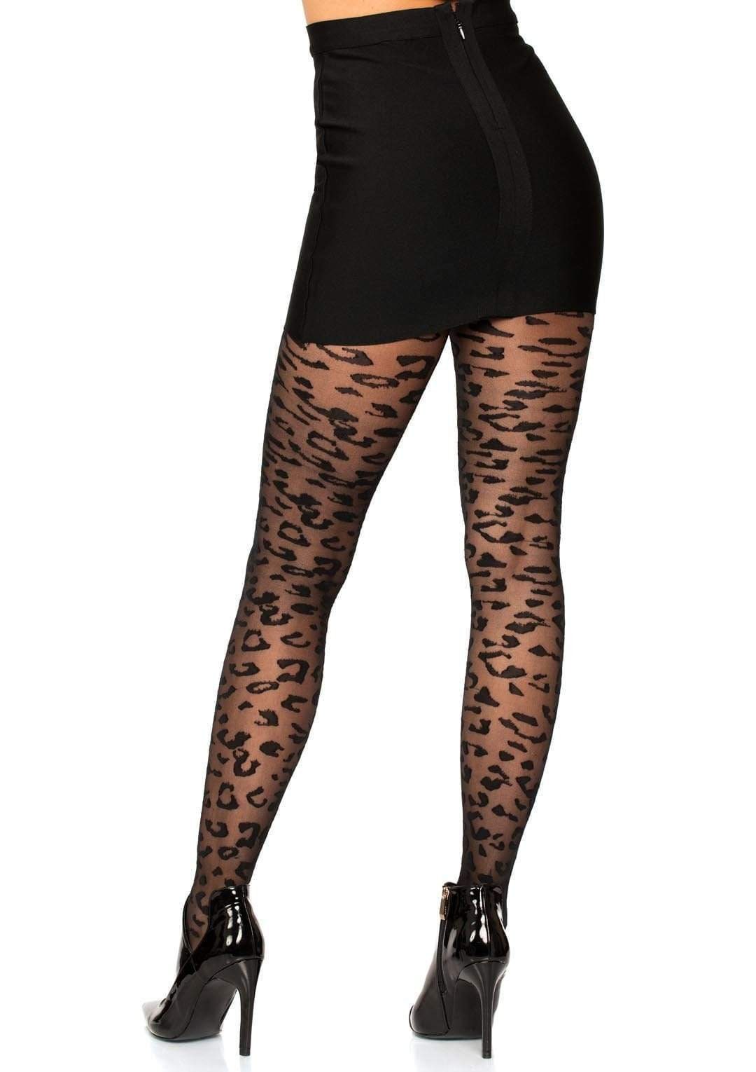 SHEER LEOPARD STOCKINGS Black See Through Animal Print Pantyhose