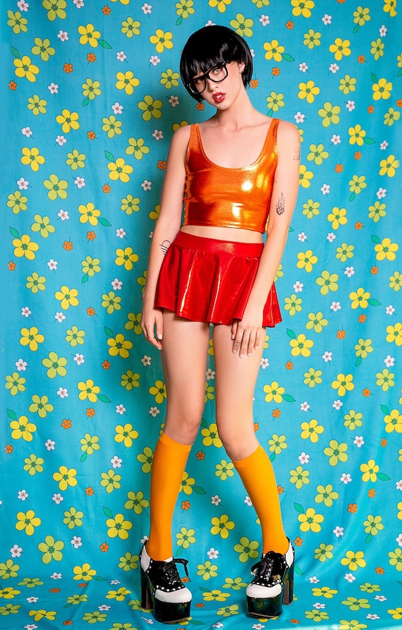 Sugarpuss BRAINS of the MYSTERY GANG Set Orange Crop Tank Top Burgundy Mini  Circle Skirt Cosplay Costume 