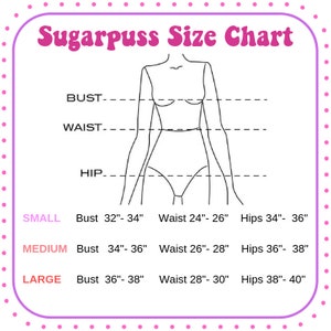 May include: A size chart for clothing with a line drawing of a woman's body. The chart shows bust, waist, and hip measurements for small, medium, and large sizes in inches.