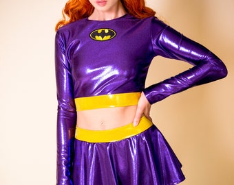 Sugarpuss PURPLE BAT HERO Set, Long Sleeve Crop Top, Mini Circle Skirt, Superhero Cosplay Costume