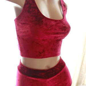 May include: A burgundy velvet two-piece set. The top is a scoop-neck crop top, and the bottoms are high-waisted shorts. The fabric has a soft, textured appearance. The set is displayed on a mannequin.