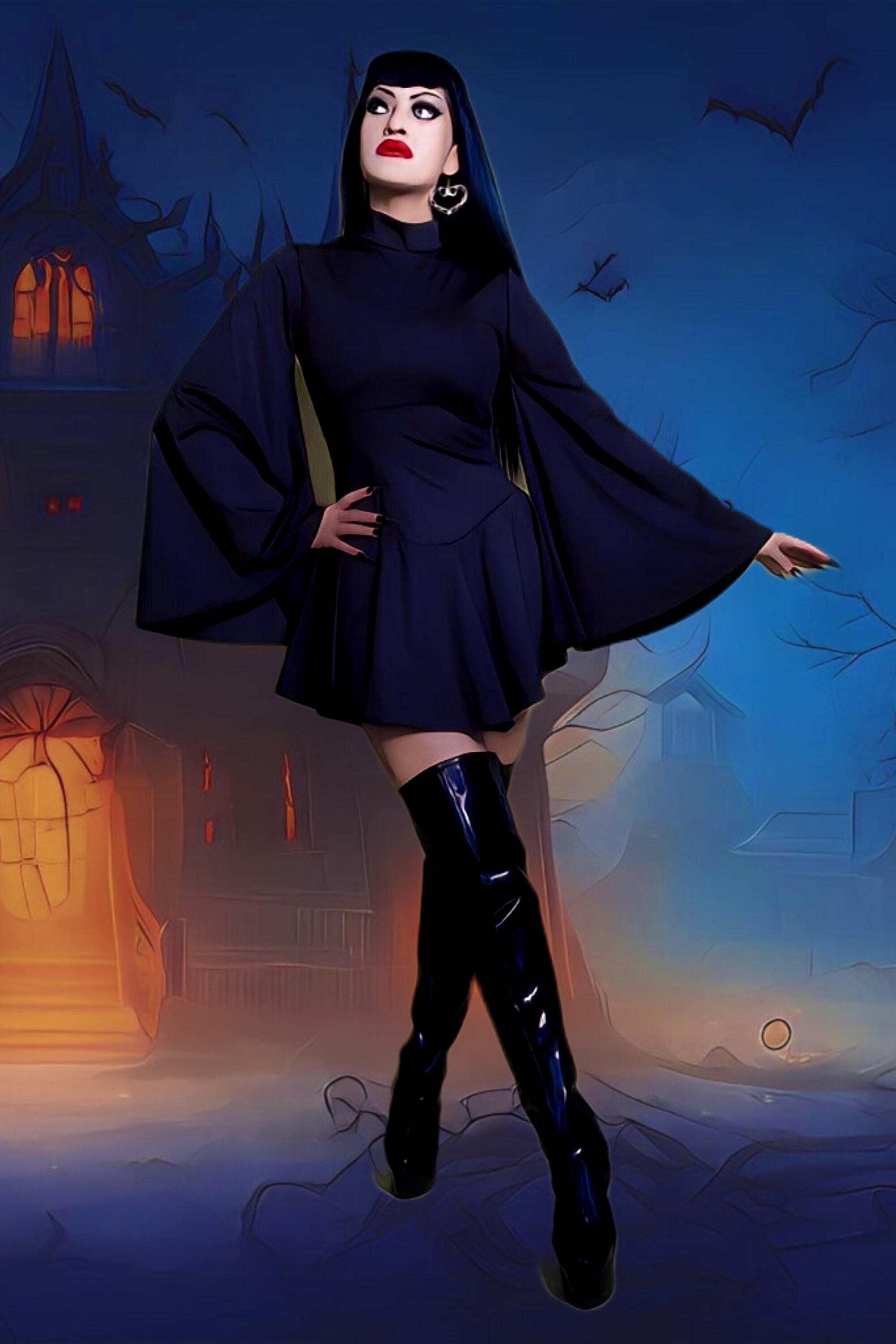 rebel space princess mini dress Black Space Rebel Mini Dress with Flare Sleeves & Mock Turtleneck for  Cosplay & Halloween Women's Frock