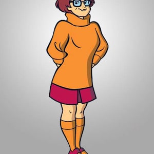 Puede incluir: Ilustraci&oacute;n de dibujos animados de un personaje que lleva un jersey de cuello alto naranja, una falda corta magenta y calcetines altos naranjas. El personaje tiene el pelo corto color casta&ntilde;o rojizo, gafas cuadradas y zapatos magenta. El fondo es un degradado de gris.