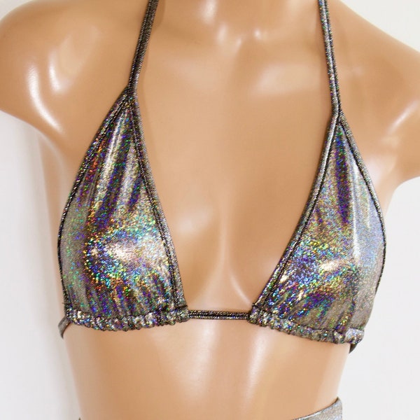 Sugarpuss HOLOGRAM BIKINI TOP, Triangle Bikini Top in Silver Hologram, Shiny Silver Metallic Swimwear, Rave Wear