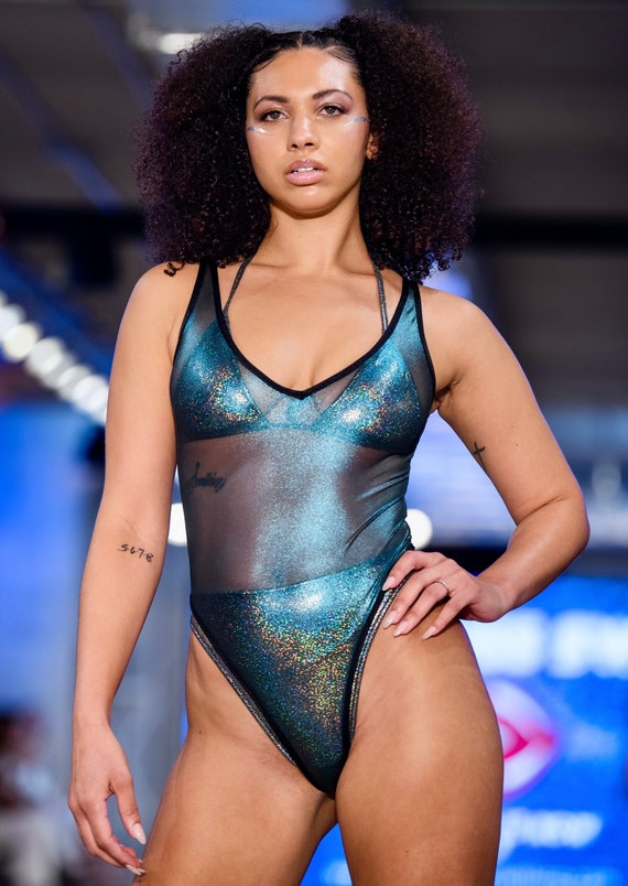 Sugarpuss HIGHCUT MESH BODYSUIT in Metallic Turquoise Sheer Mesh