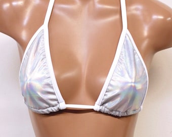 Sugarpuss IRIDESCENT BIKINI TOP, Reflective Holographic Silver Triangle Top, Hologram Swimwear, Rave Clothing