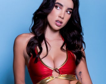 Sugarpuss STAR SUPERHEROINE TOP, Sporty Halter Top w Gold Ring, Superhero Bikini, Cosplay Costume, Comic Con