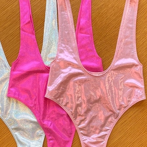 Hologram Suspender Thongback Swimsuit in Neon Pink