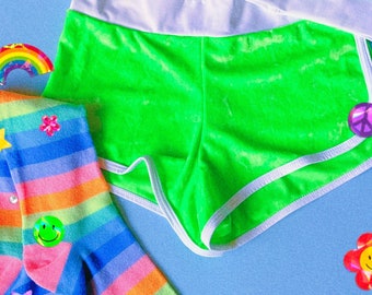 Sugarpuss SPORTY JOGGER SHORTS, Neon Green Crushed Velvet, Highwaist Cheeky Shorts, 80s Retro Sporty Bottoms