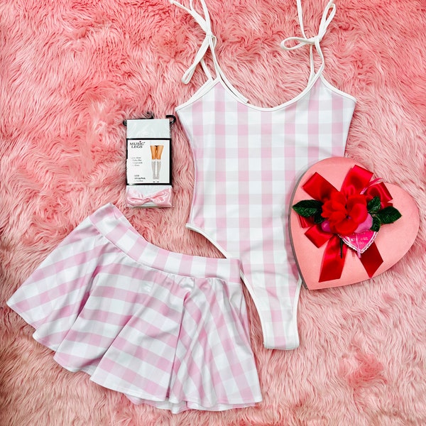 Sugarpuss PINK DOLL SKIRT, Baby Pink Gingham Mini Circle Skirt, Retro 70s Look