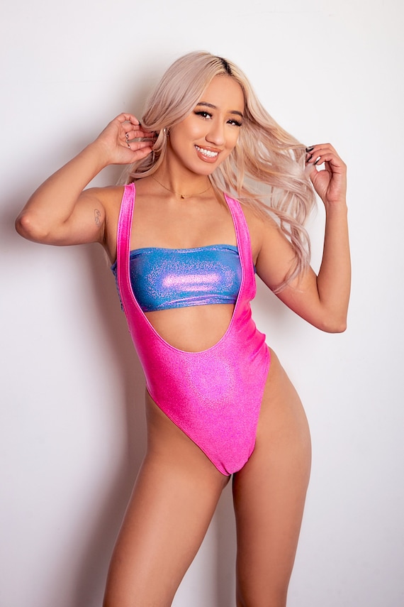 Sugarpuss HOLOGRAM SUSPENDER ONEPIECE Suit in Neon Pink, Thongback