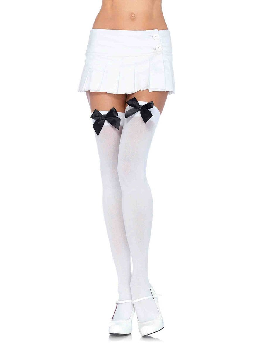 BOW THIGH HIGH Stockings Opaque White With Black Satin Bows Etsy