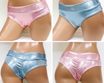 Sugarpuss LOWRISE BRAZILIAN SHORTS, Hologram Cheeky Bottoms, Pink and Baby Blue Metallic Cheeky Bottoms