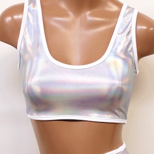 Sugarpuss IRIDESCENT SPORT TOP, Mini Crop Tank, Holographic Swimwear, Hologram Rave Clothing
