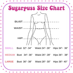 May include: A size chart for clothing with measurements in inches for bust, waist, and hips. The chart includes sizes small, medium, and large.