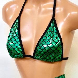 Sugarpuss GREEN MERMAID BIKINI, Triangle Bikini Top, Green Hologram Metallic Swimwear, Festival Clothing