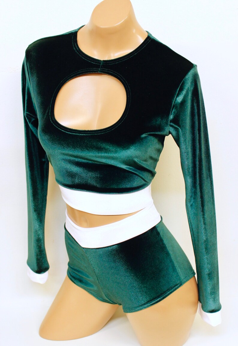 Green Velvet Long Sleeve Peekaboo Keyhole Crop Top Xmas Helper Costume Booty Shorts Elf Cosplay Sugarpuss VELVET SANTA HELPER