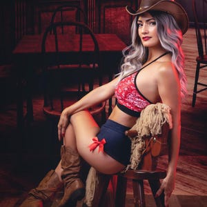 May include: A woman wearing a red and black bandana print halter top, blue denim shorts with a red bow, and brown cowboy boots. She is sitting on a rocking horse with a brown cowboy hat on her head. The background is a dark red and brown wooden bar.