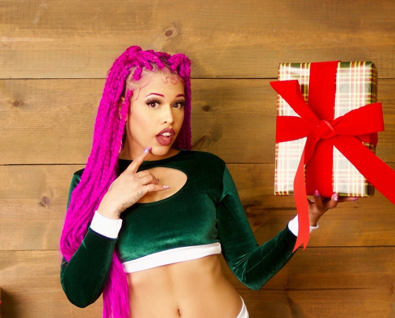 Green Velvet Long Sleeve Peekaboo Keyhole Crop Top Xmas Helper Costume Booty Shorts Elf Cosplay Sugarpuss VELVET SANTA HELPER