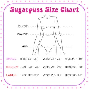 May include: A size chart for clothing with measurements in inches for bust, waist, and hips. The chart includes sizes small, medium, and large.