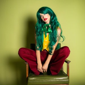 Sugarpuss EVIL JOKESTER COSTUME Set, Yellow Cropped Vest Top and Burgundy Flare Pants, Villain Cosplay