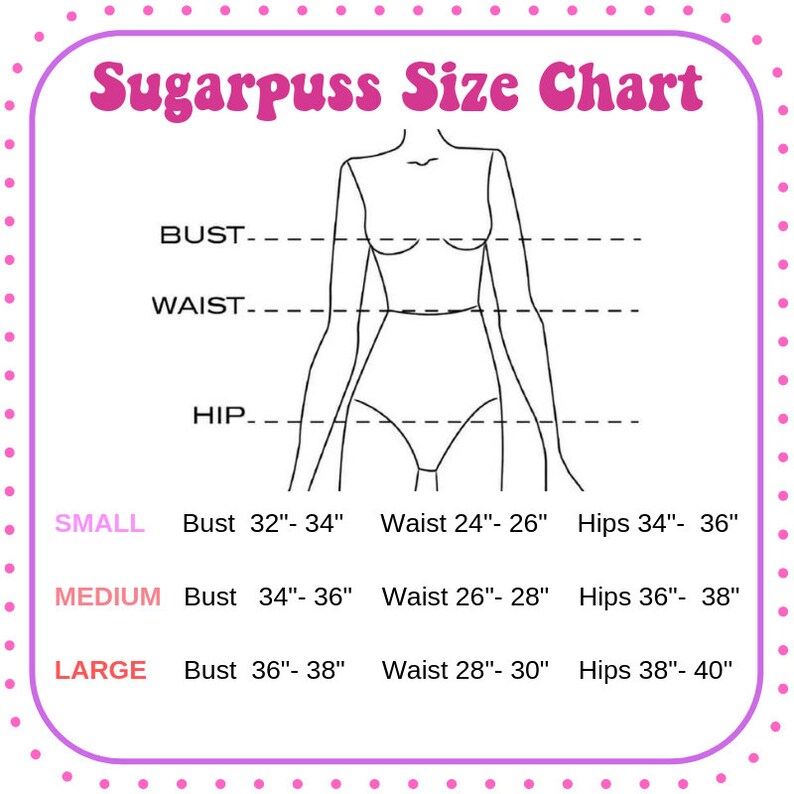 May include: A size chart for clothing with a line drawing of a woman's body. The chart shows bust, waist, and hip measurements for small, medium, and large sizes in inches.