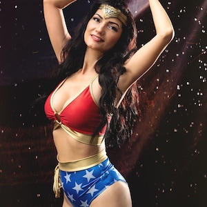 CONJUNTO DE SUPERHEROÍNA ESTRELLA DE SUGARPUSS, Top deportivo con aros y pantalones de talle alto de corte original con lazo dorado, disfraz de superhéroe para cosplay, Halloween