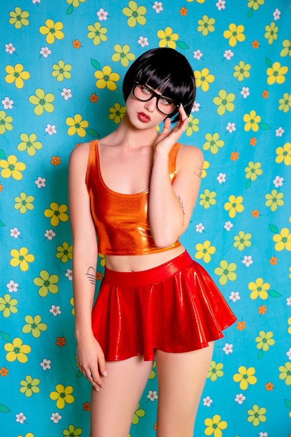 Velma Cosplay Uniform Anime Woman Orange Top Skirt Socks Halloween