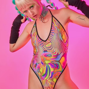 Sugarpuss HIGHCUT HALTER BODYSUIT in Acid Swirl Print w Black Trim, 80s Thong Back Bodysuit, Rave Clothing, Festival Look