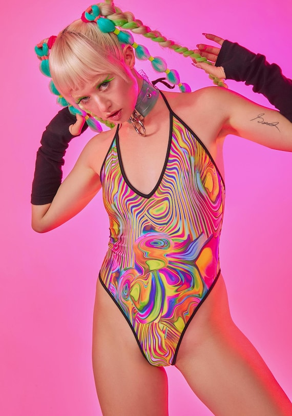 Sugarpuss HIGHCUT HALTER BODYSUIT in Acid Swirl Lycra W Black Trim, High Cut  80s Thong Back One Piece Leotard -  Finland