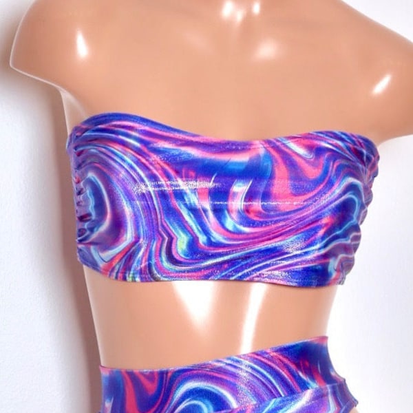 Sugarpuss HOLOGRAM BIKINI TOP, Bandeau Swim Top in Blue Swirl Hologram, Shiny Blue Metallic Swimwear, Rave Wear