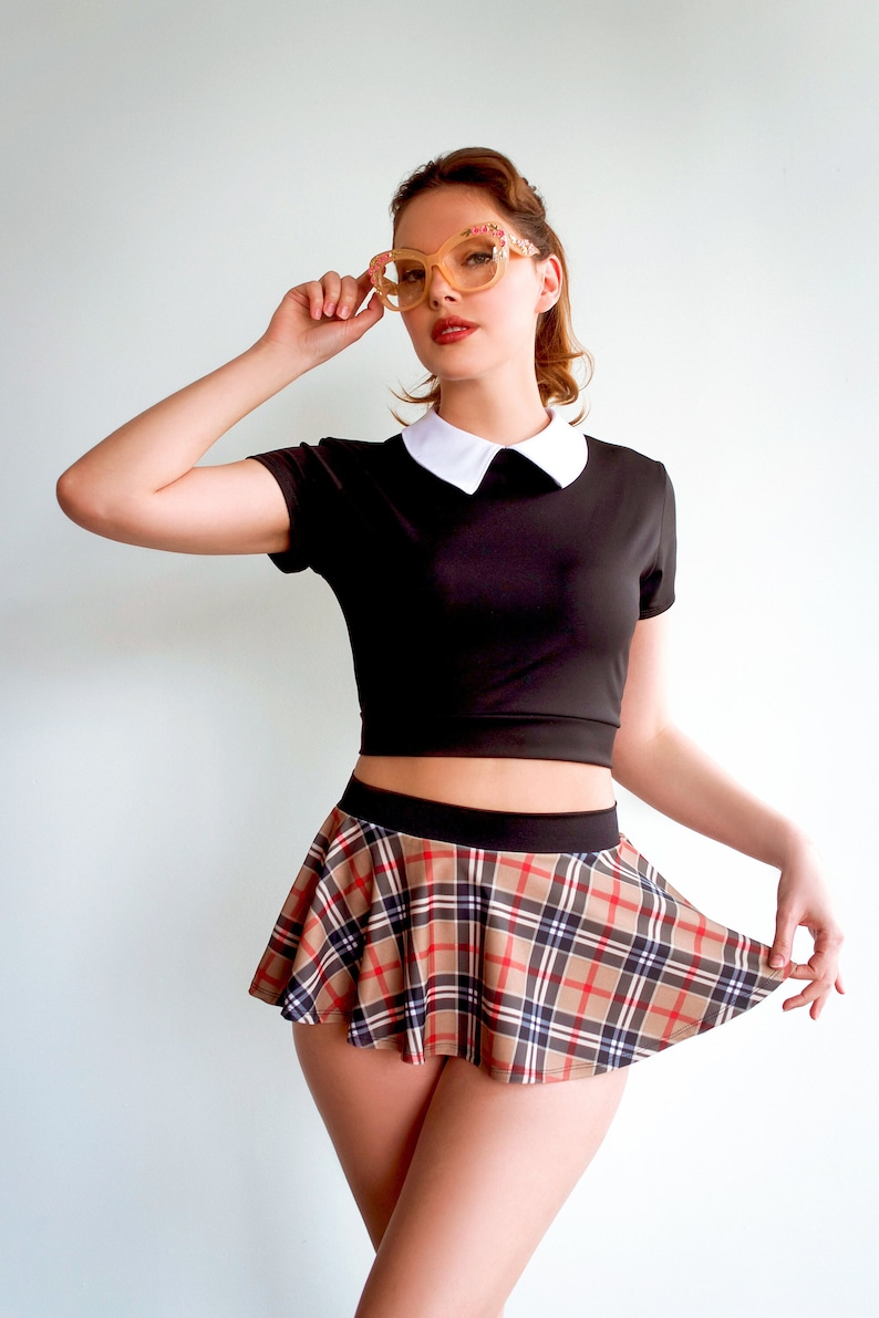 Sugarpuss PLAID MINI SKIRT, Tan Plaid High-waist Ultra Mini Skirt, Pin-Up Schoolgirl Cosplay 