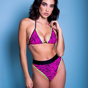 Sugarpuss NEON ZEBRA BIKINI in Neon Pink with Neon Green Trim, Triangle Top and Highcut Thong Bottoms, 80s 90s Swimwear