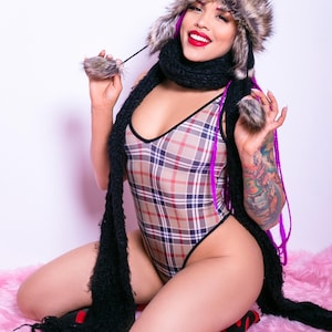 Sugarpuss TAN PLAID HIGHCUT V-Neck Bodysuit, Deep V Onepiece