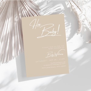 Gender Neutral Minimal Beige & Weiß Baby Shower Invite Vorlage