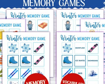 Juego de memoria de invierno imprimible / Tarjetas de emparejamiento con imágenes y palabras / Vocabulario - Actividad de memoria para niños / Preescolar y primaria