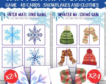 Juego de memoria invernal / Copos de nieve + Ropa de invierno / 48 tarjetas / Imprimible para preescolar / Juego de memoria para niños / Actividades de invierno / Montessori